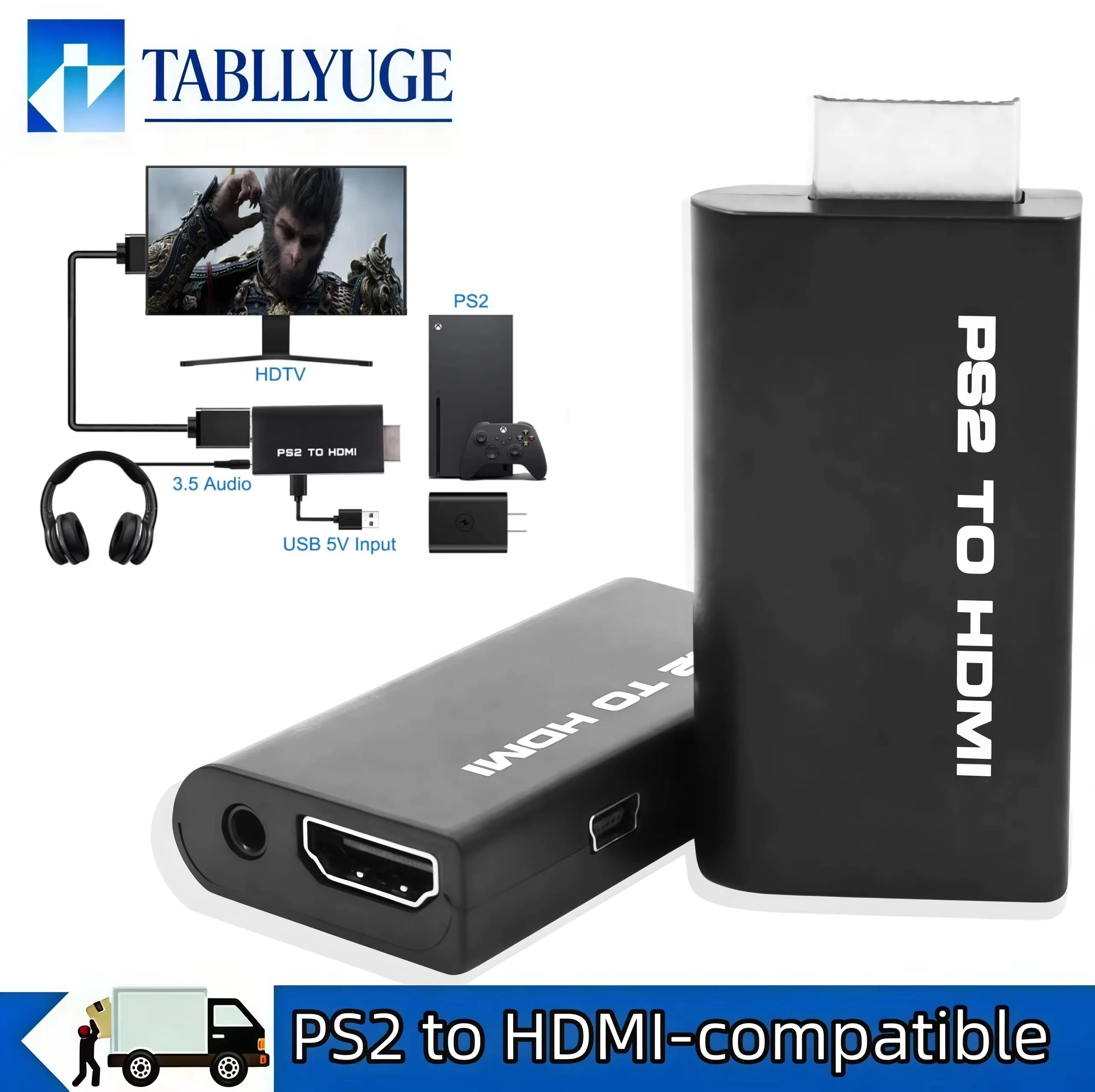 480i 480p 576i PS2 to HDMI-compatible Audio Video Converter Adapter Built-in 3.5mm Audio Output for PS2 All Display Modes