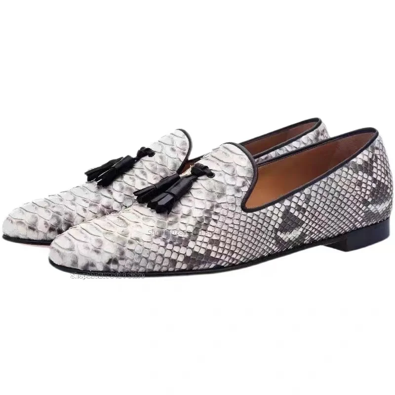 Tassels Decor Mixed Color Fish Scale Pattern Loafers Fashionable Slip On Men Casual Shoes Handmade Party Banquet Men Dress Shoes