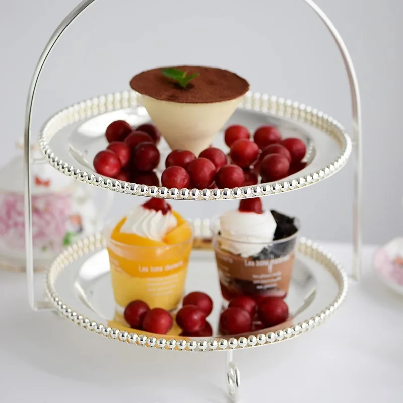

Cake double tray, afternoon tea snack rack, wedding pendulum silver-plated pastry tray, boutique Durable furniture