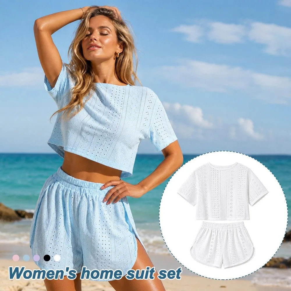 New Polyester Women Pajamas Set Hollow Breathable Sleepwear Set O Neck Comfortable Top And Shorts Home Wear