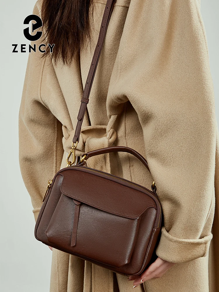 Zency Women's Genuine Leather Retro Shoulder Bag Top-Handle Bag Noble Crossbody with Two Compartments for Office Work Shopping