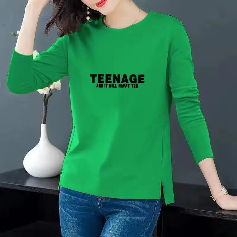 Women Korean Fashion Print Simple All Match T-shirt Spring Autumn Casual O Neck Irregular Tees Long Sleeve Loose Tops Ropa Mujer