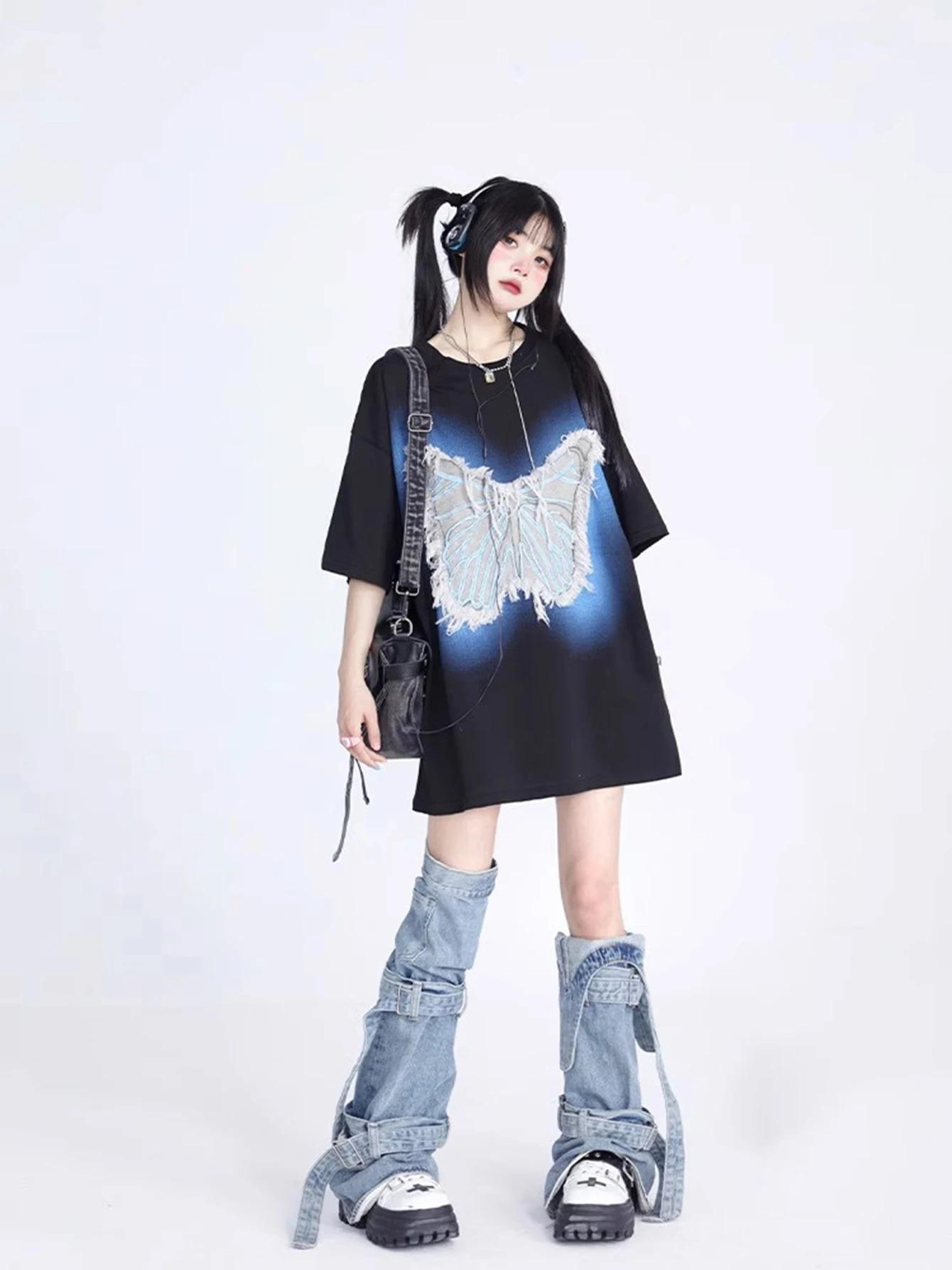 ReddaChic Butterfly T-shirt & Denim Leg Warmers Women Two-piece Top Set Cotton Casual Oversize Overshirt Vintage Y2k Streetwear