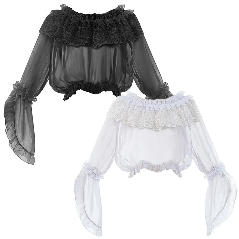 White Chiffon Ruffles Slash Neck Lantern Sleeve Short Sweet Lolita Shirt Women Victorian Gothic Top Steampunk Vintage Clothes