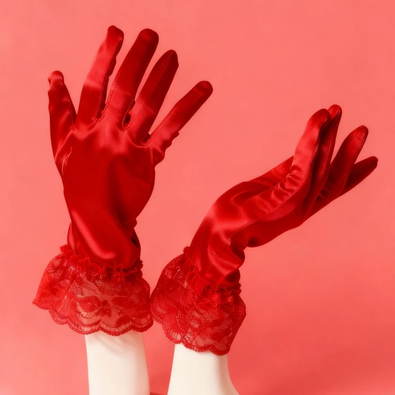 

Элегантные атласные перчатки с кружевными оборками, короткие, для свадьбы, торжеств, вечерних мероприятий, аксессуары для платья