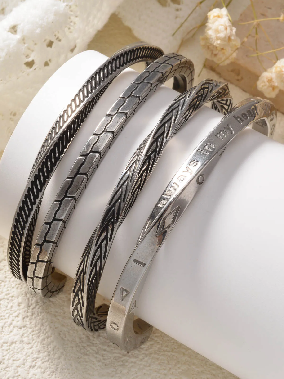 Adjustable Vintage Open Bangle 4 Styles Silver Textured Cuff Bracelet Waterproof  Wrist Women Men Daily Jewelry Accessory Gift