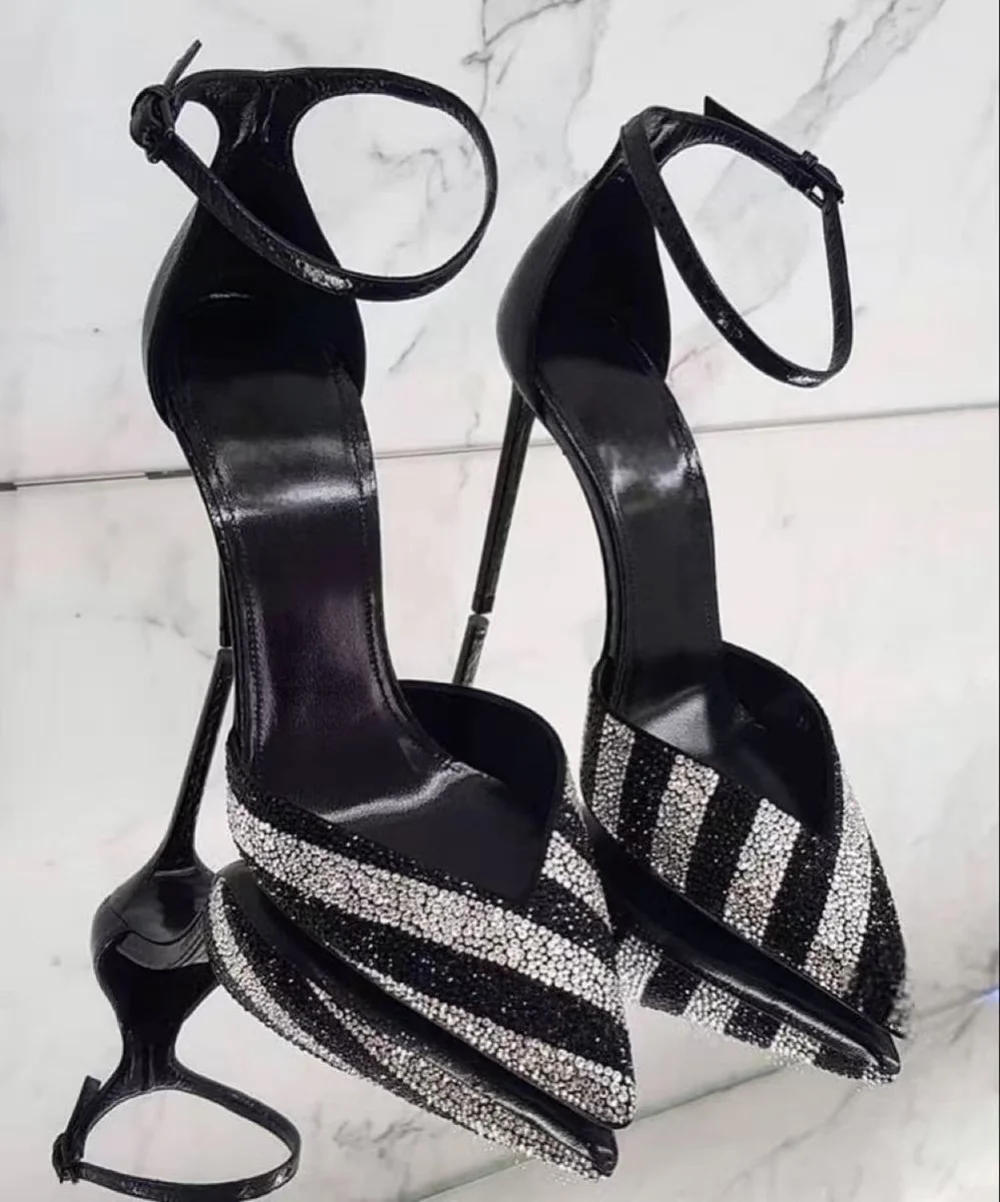 

Black Silver Rhinestone Pointed-Toe Heeled Sandals Striped Crystal Embellishment Ankle Strap Stiletto Heel Sexy Custom Lady Heel