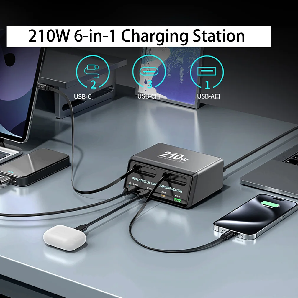 6-in-1 210W Fast Charger Station with Retractable USB-C Cable Power Hub for Multiple Devices Charging for iPhone Samsung Tablet