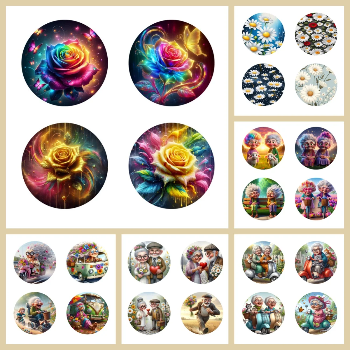 4 anti-slip and heat-insulating wooden coasters with floral or grandma patterns, suitable for kitchen and office festival gifts