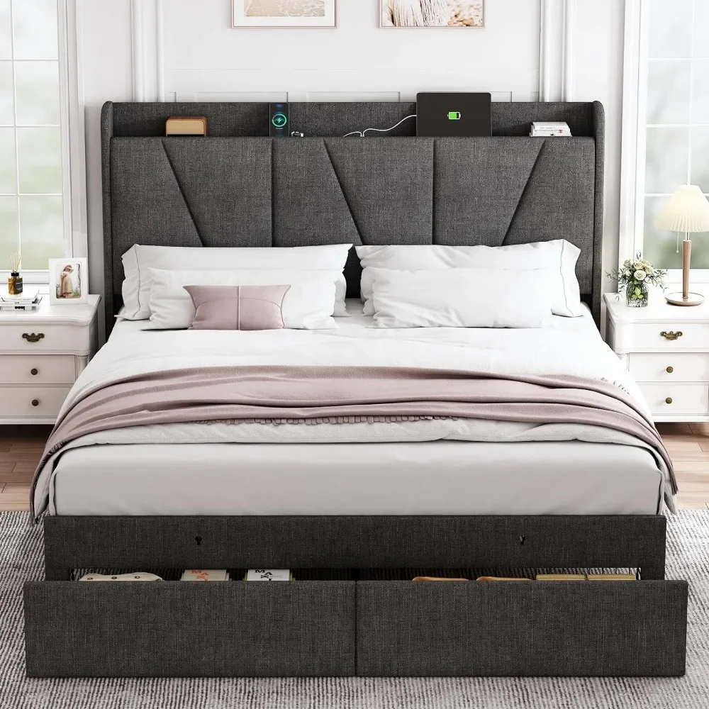 Queen Bed Frame with Headboard and Storage, Upholstered Bed Frames with Charging Station, Type-C & USB Ports, Platform Bed Frame