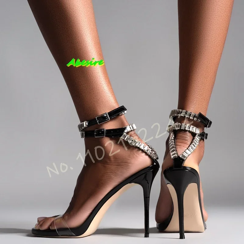 

Летние сандалии на высоком каблуке со стразами и открытым носком, с круглой головкой, на шпильке, с пряжкой и ремешком, прозрачные роскошные вечерние платья из ПВХ, современные сандалии