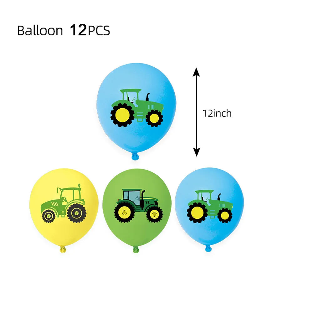 Zestaw dekoracji na urodziny z motywem traktora Green Farm: talerze, kubki, balony, tło z koparką, baner, prezenty dla dzieci.