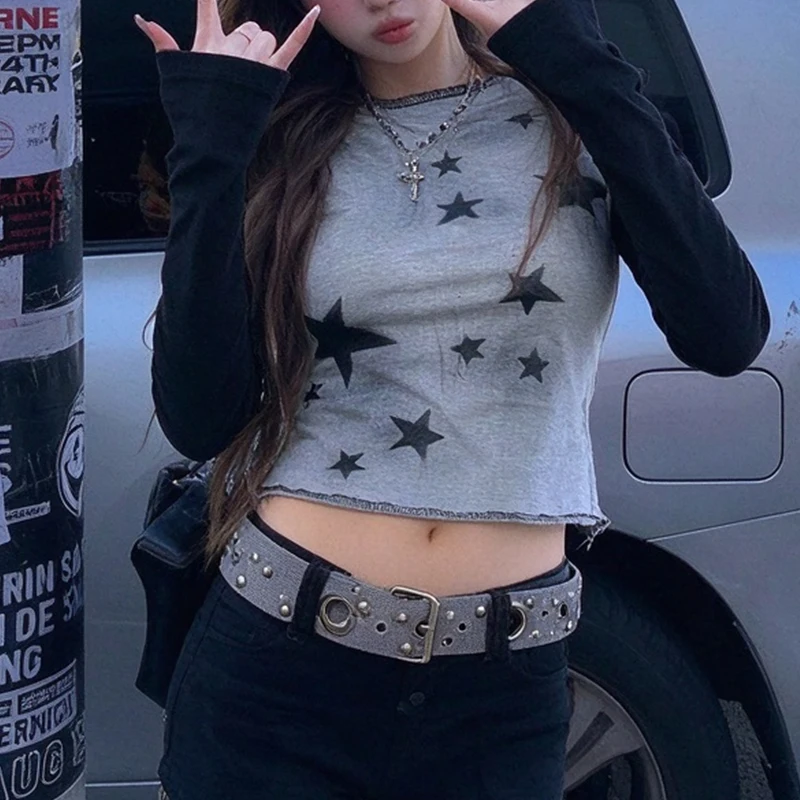 Europe and America Harajuku Style Fashion Round Neck Contrast T-Shirt Personality Joker Long-Sleeved Shirt Y2k Style
