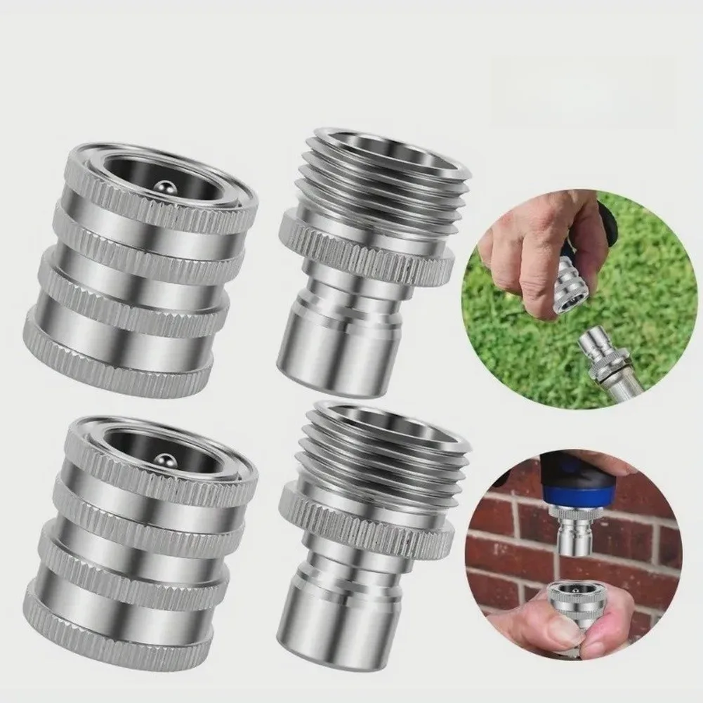 Stainless Steel 3/4 Inch GHT Quick Connect Hose Fittings 4 Pack for Secure Connection Between Hoses Faucets and Irrigation Tools