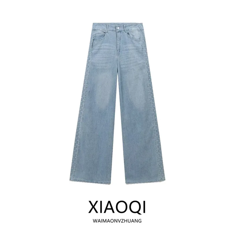 Jean en Denim taille haute brodé pour femme, coupe ample, ajouré, pantalon Long décontracté, nouvelle collection automne