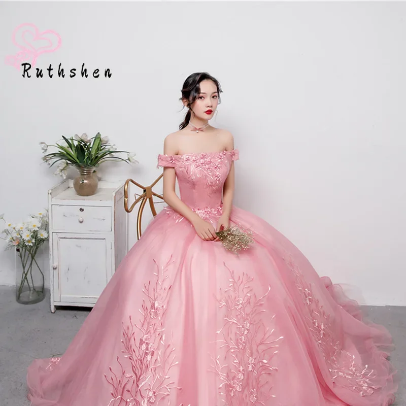 Maßgeschneiderte Ballkleid-Quinceanera-Kleider mit Applikation, schulterfrei, rosa, bauschiges Korsett, Debütantin, Vestido De 15, Sweet-16-Abschlussballkleid