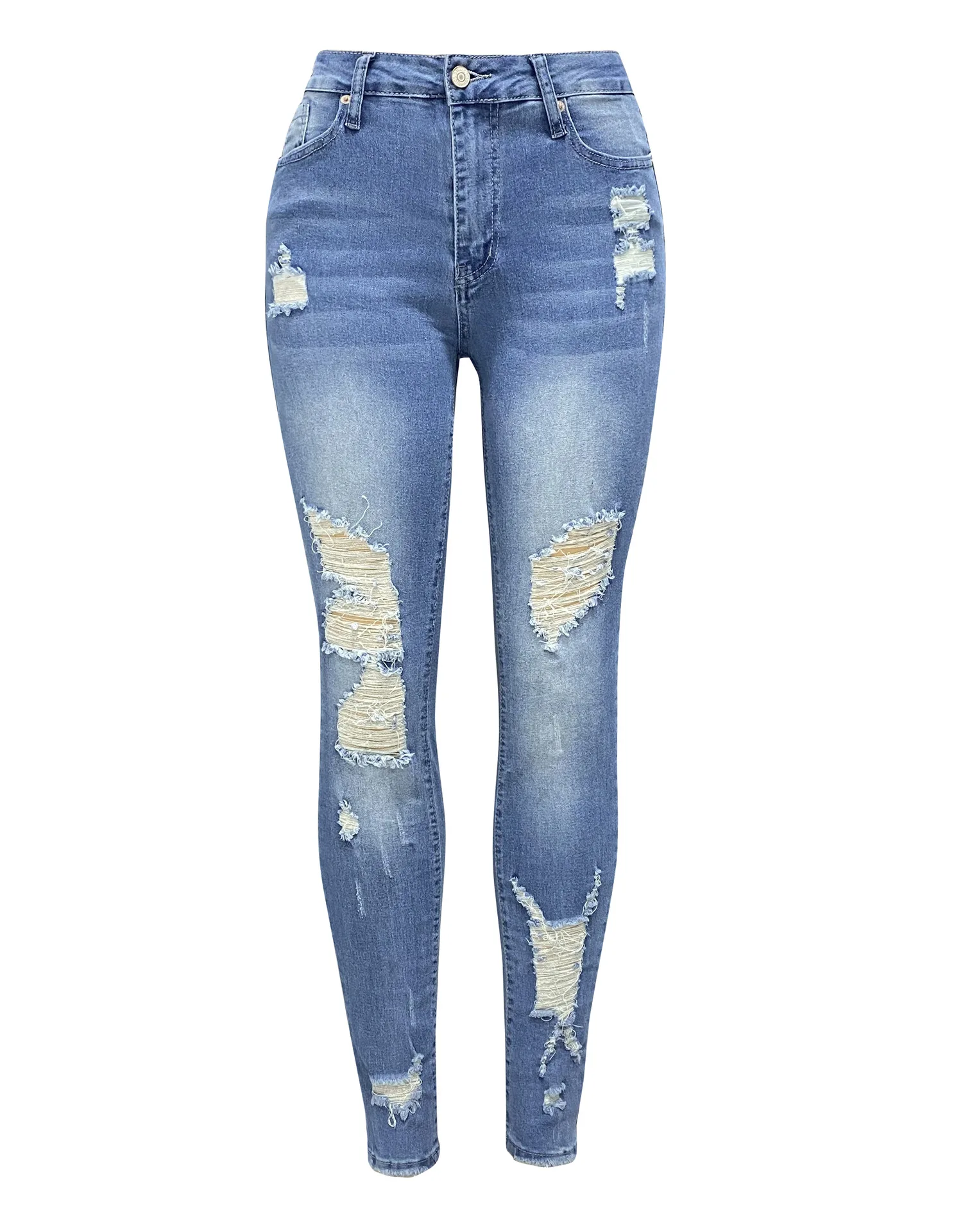 

Summer Solid Color Low Waist Ripped Fashion Casual Street Versatile Small Leg Blue Jeans blue for Women