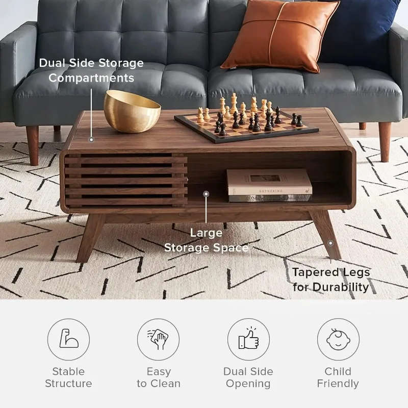 Stolik kawowy z dwustronnym schowkiem – Stolik z radełkowanego drewna w stylu mid-century modern z 4 przegródkami do salonu