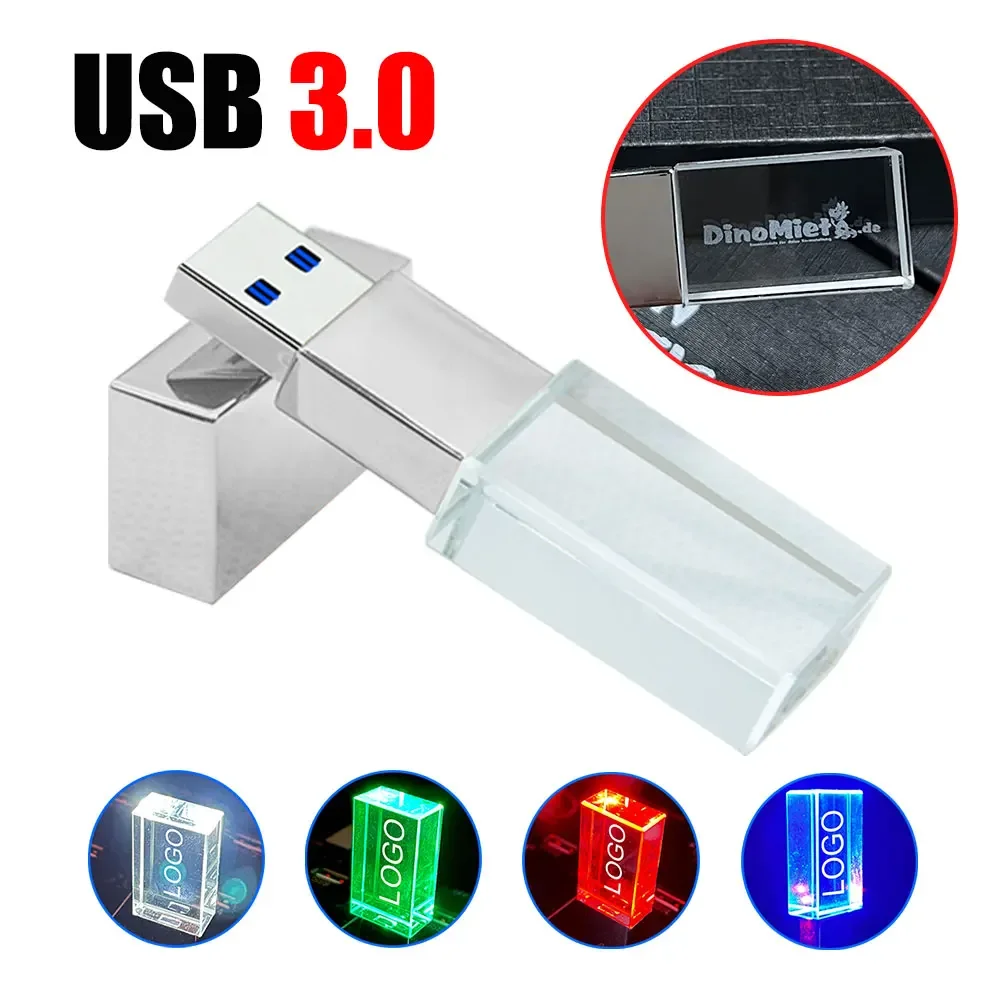 LED Light Crystal 3.0 USB Flash Drive 64GB Creative Fashion Memory Stick 8G 16GB Pen Drive External Storage Free Customized Logo