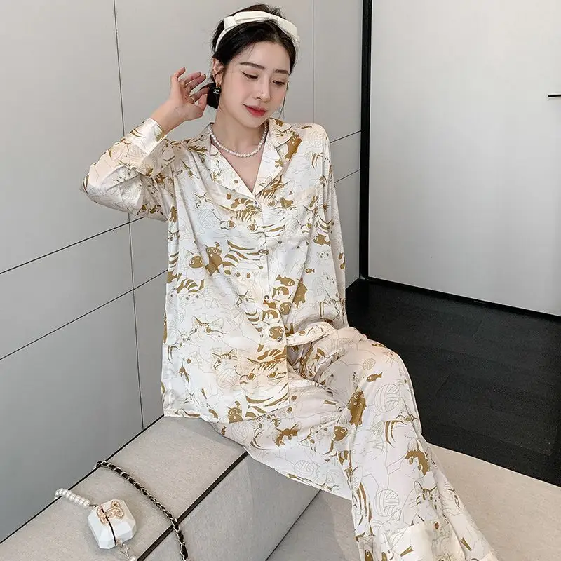 Ice Silk Satin Surface Pajamas Spring Autumn Women Long Sleeve Luxury Cardigan Homewear Suit High-Grade Thin Casual Nightclothes