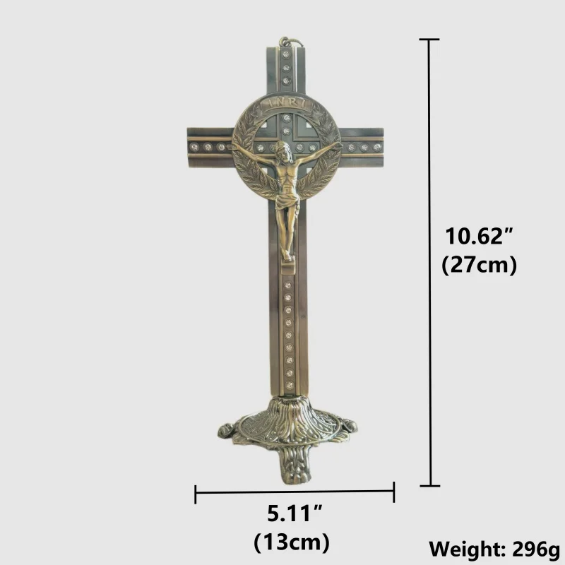 Antikes Bronze-Standkreuz mit Strasssteinen & INRI-Gravur für den Heimaltar, Gebetsdekoration, religiöses Geschenk – Detail 1