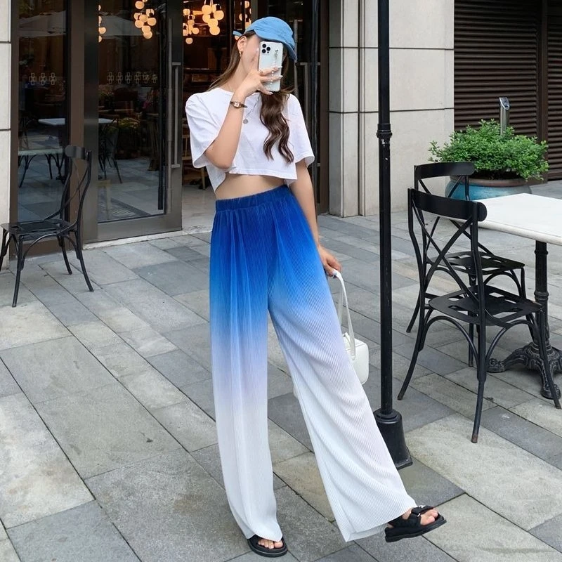 Women's Korean Style Pleated Wide Leg Pants Tie Dye Ombre High Waist Casual Loose Straight Long Trousers