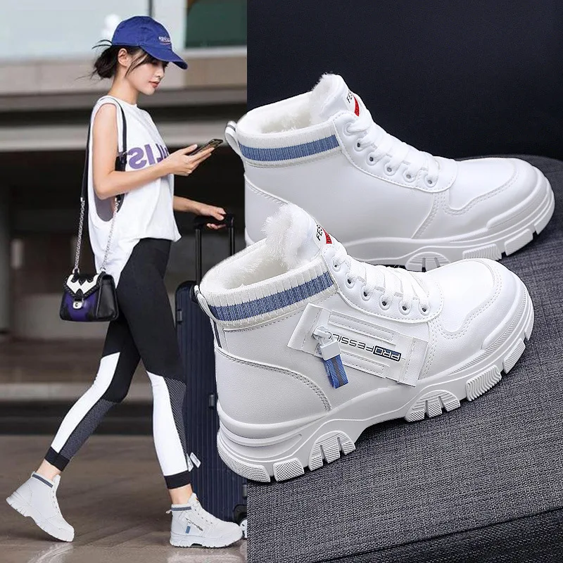 Brand 2024 Winter Shoes for Women Sneakers Plus Velvet Warm Flat High-top Sneakers Casaul Lace-up Chunky Sneakers Woman Shoes