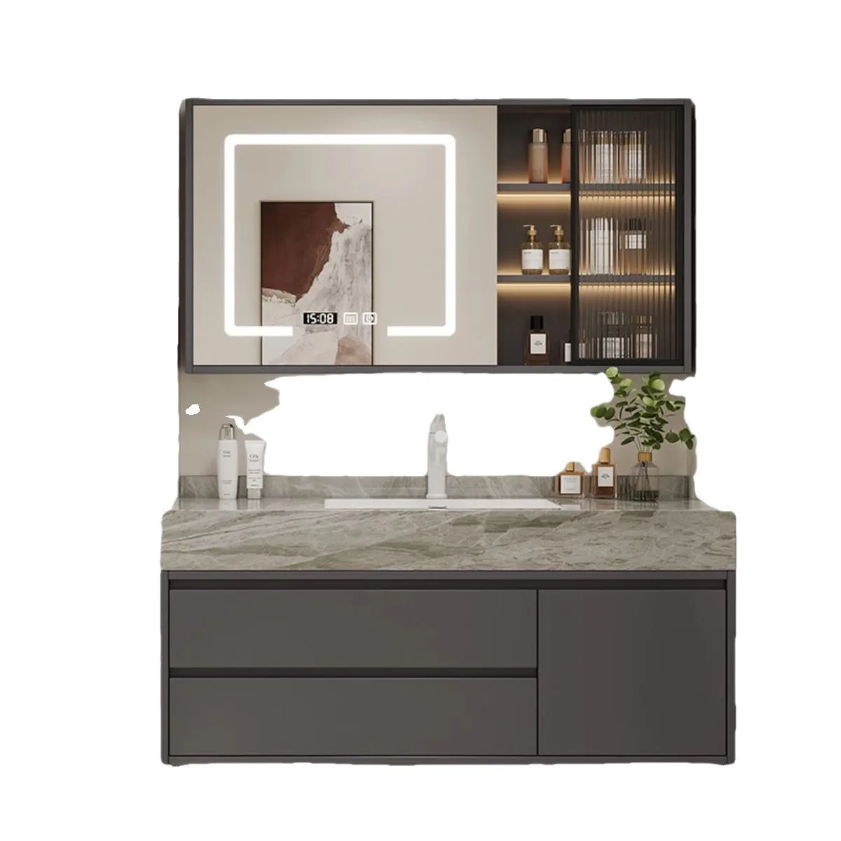 Rock slab ceramic integrated basin, bathroom cabinet mirror cabinet combination, seamless moisture-proof