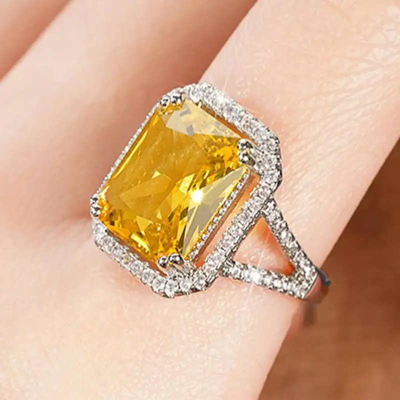 Huitan Glänzende Damenringe mit eingelegtem gelbem Zirkonia, für Hochzeit, Party, Alltag, Accessoires, einfacher Stil, Finger, elegant, trendiger Schmuck