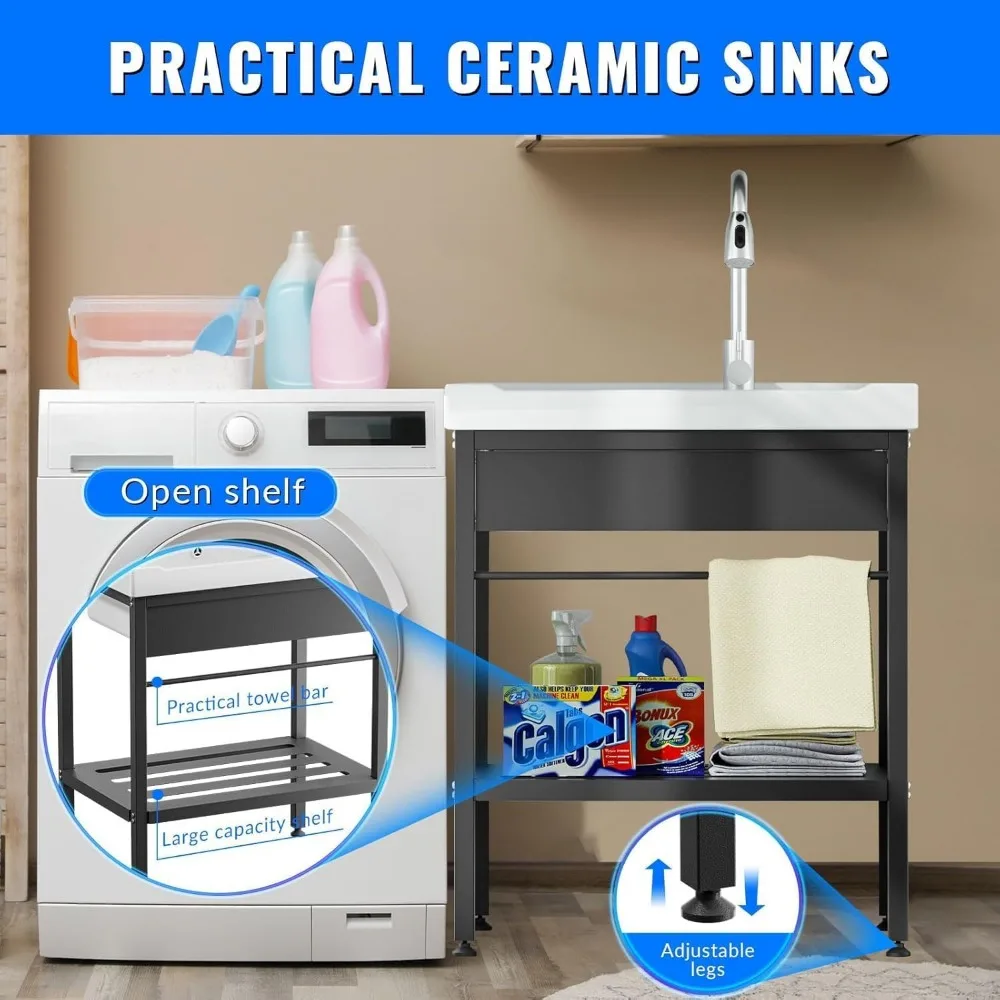 Freistehendes 28-Zoll-Keramik-Spülbecken mit Waschbrett, Kalt- und Warmwasserhahn, Schläuchen für Waschküche