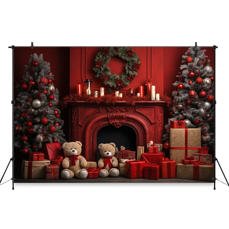 Red Christmas Tree Backdrop Xmas Wall Fireplace Baby Newborn Photo Background Photography Decor Girls Portrait Wallpaper Studio
