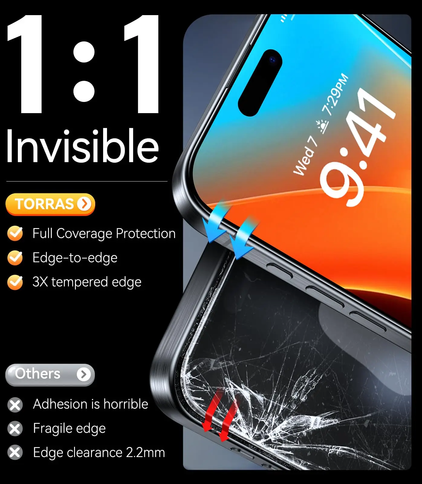 TORRAS HD iPhone 16 15 14 13 Pro Max Plus 화면 보호기, 9H+ 항공우주 강화 유리용 방폭 강화 필름