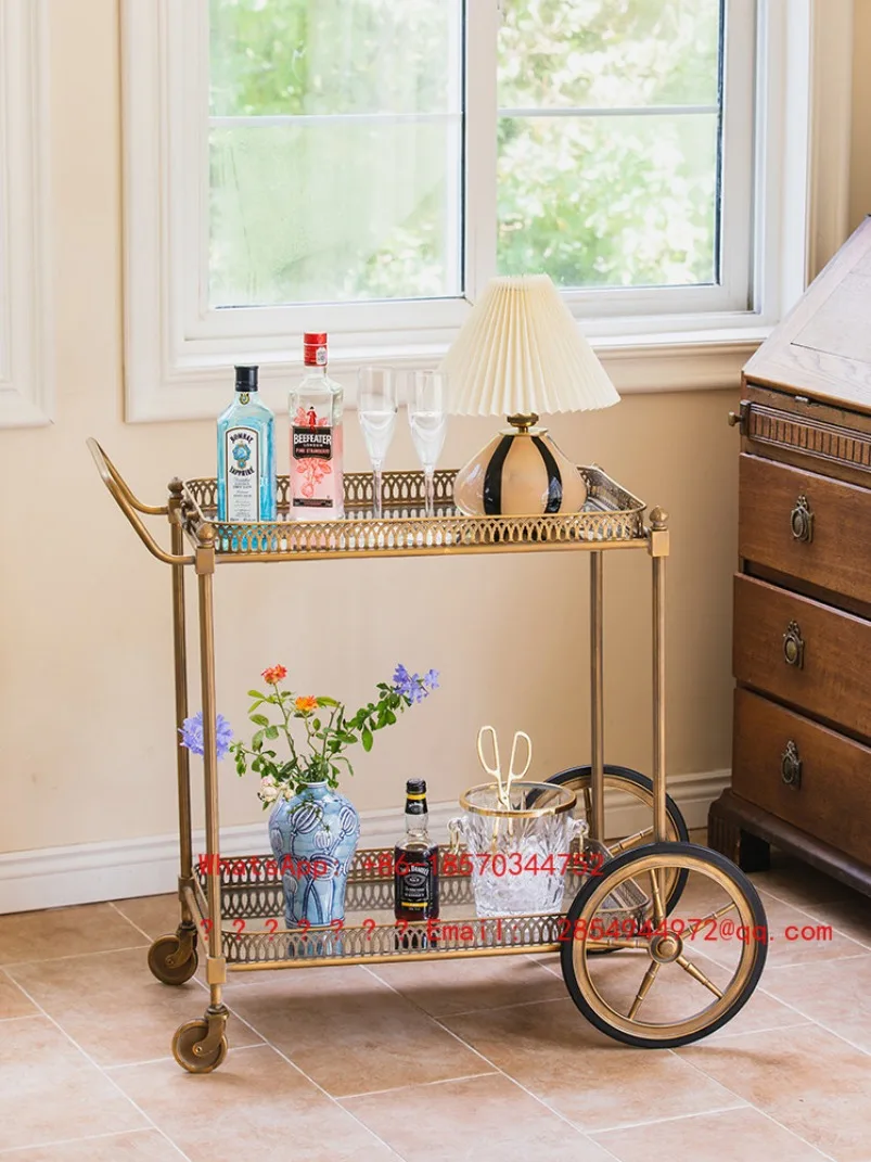 Retro Home Push Dining Cart Medieval Light Luxury Dining Side Cabinet Rack Movable Coffee Table