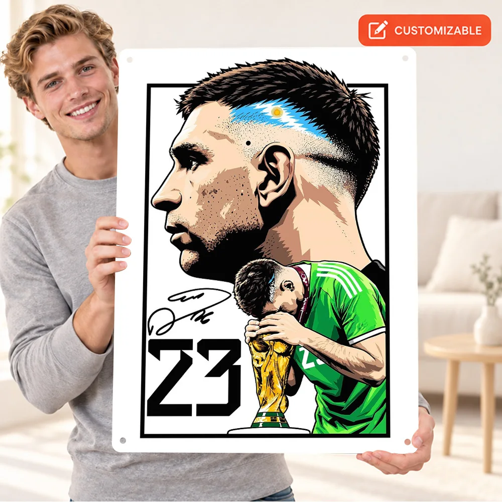 Emiliano Martinez Portrait Collage Aluminum Poster Customized Metal Sign Goalkeeper Comic Illustration Wall Art For Game Room