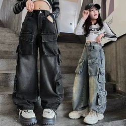 Girls Multi-Pocket Jeans For Spring Autumn Teenager Girls Denim Cargo Pants 2026 New Fashion Kids Trousers 6 8 10 12 14Years Old