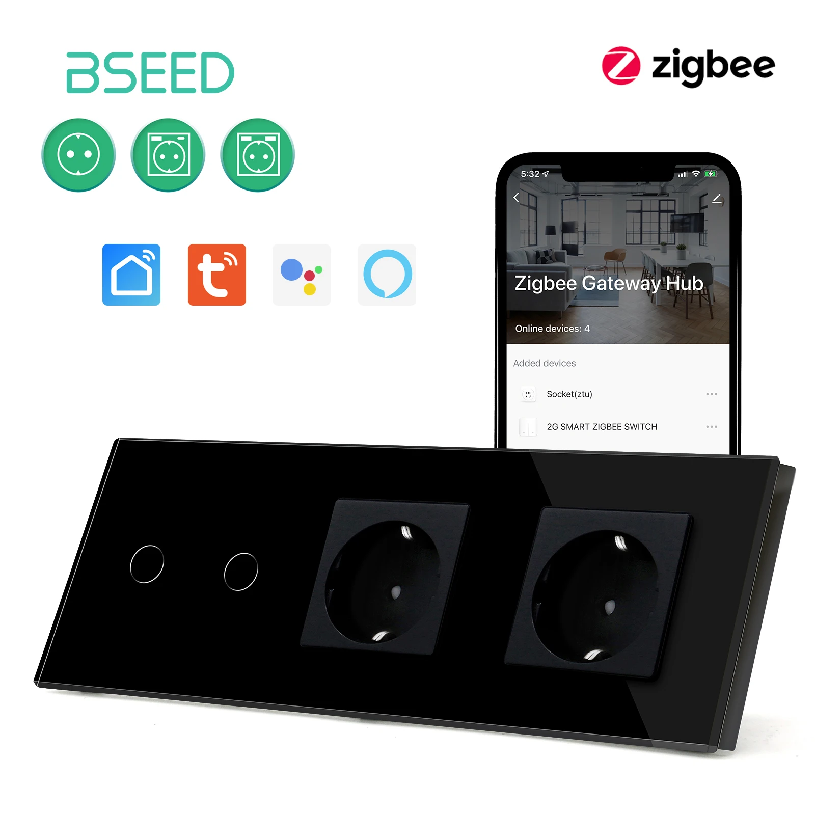 BSEED Zigbee Touch Switches 1/2/3Gang 1Way Smart Wall Light Switches Wireless App Control With EU USB Phone Charge Wall Sockets