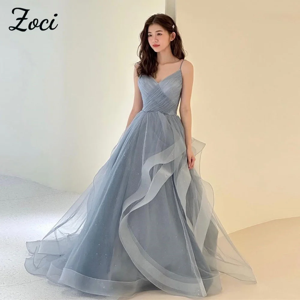 Zoci Elegant Blue Grey Korea Evening Dress Spaghetti Strap V Neck Wedding PhotoShoot Dress Customized Ruched Layered Bride Dress