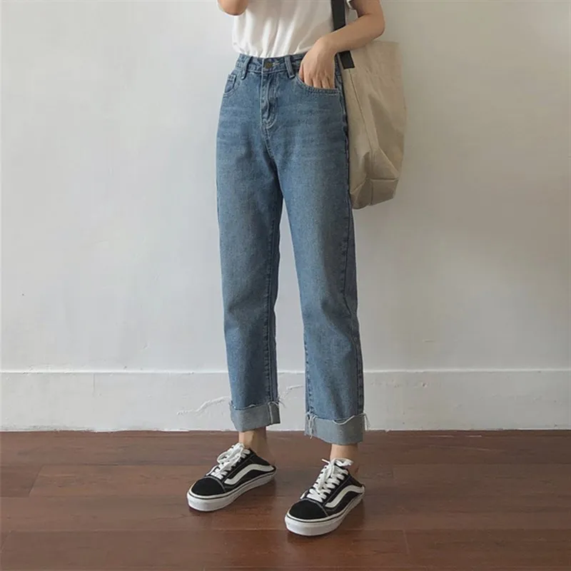 

Осенние модные женские джинсы больших размеров, свободные прямые брюки из девяти предметов, модная повседневная одежда больших размеров для девочек, смесь хлопка и шерсти