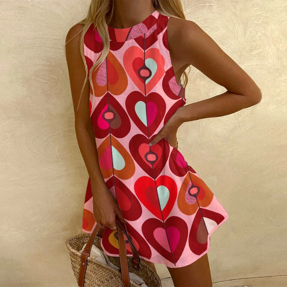 Pink Love Print Dress Womens 2024 Maxi Baggy Dress Vintage V Neck A-Line Eleganckie sukienki Luksusowa markowa lniana spódnica plażowa