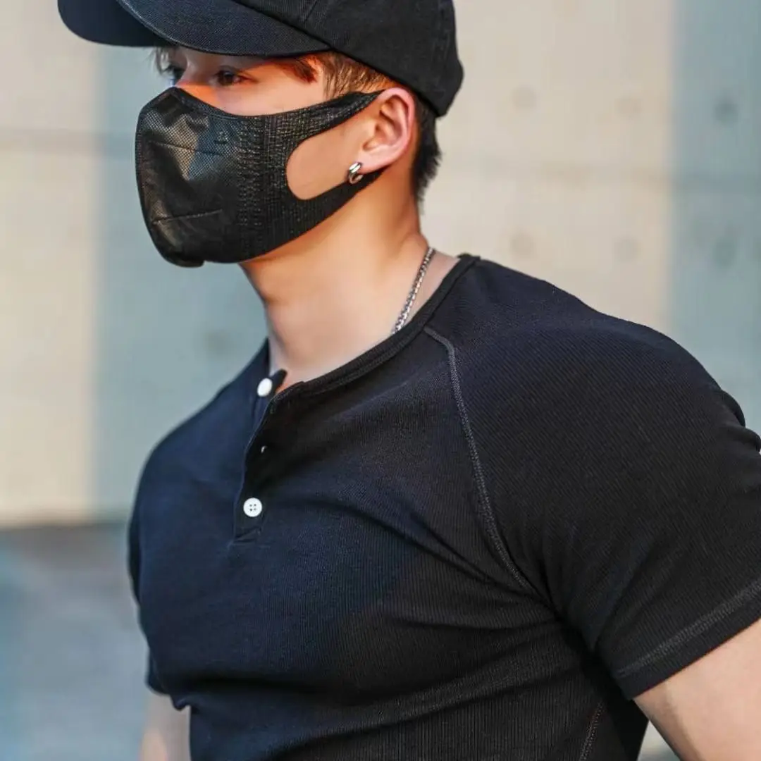 Men\'s T-shirt Summer Running Sports Fitness Clothes Muscle Slim Fit Short Sleeve Half Button O-neck Pullover Casual Short Sleeve