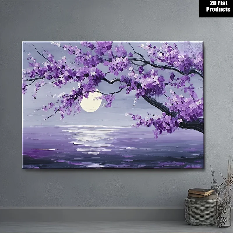 (No frame)2D Flat, 1pc Modern Farmhouse Purple Blossom Moonlight Landscape Wall Art - Gallery-Wrapped Canvas Suitable for Liv
