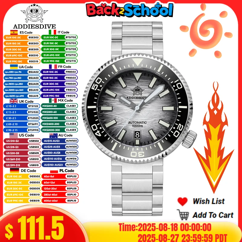 

ADDIESDIVE Men's luxury Watch Sapphire Crystal 100Bar Waterproof BGW9 Super Luminous Automatic Mechanical Watches reloj hombre