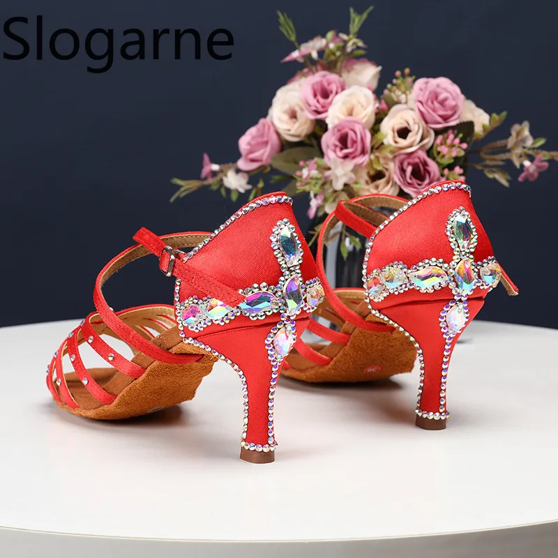 Fashion Diamond Satin Latin Shoes Women High Heels Sandals Morden Jazz Waltz Dance Shoes Ballroom Stage Performance Show Shoes