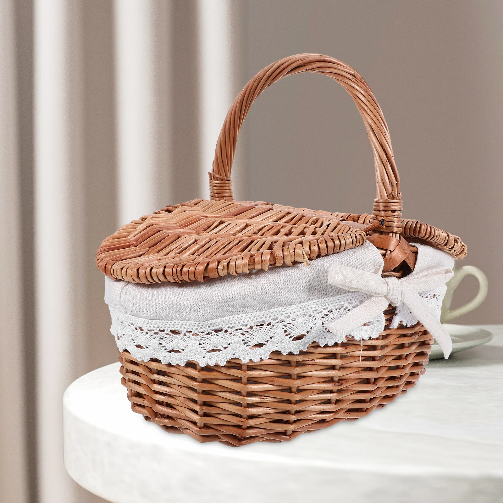

Multi-Function Hand-Woven Picnic Basket with Lid Durable Storage Basket for Fruit Vegetable Bread Organizer Outdoor Baskets