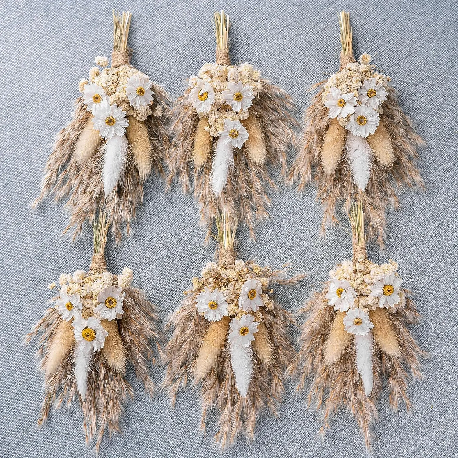 Mini Dried Flower Bouquet Set of 6, Boho Wedding Boutonniere for Men,Table Centerpieces, Dry Pampas Grass,Birthday Cake Flowers,