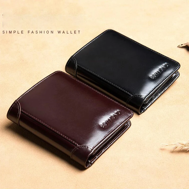 Men Classic Style Genuine Leather Trifold Wallet Folded RFID Blocking Vintage Multi Function ID Credit Card Hold Money Bags