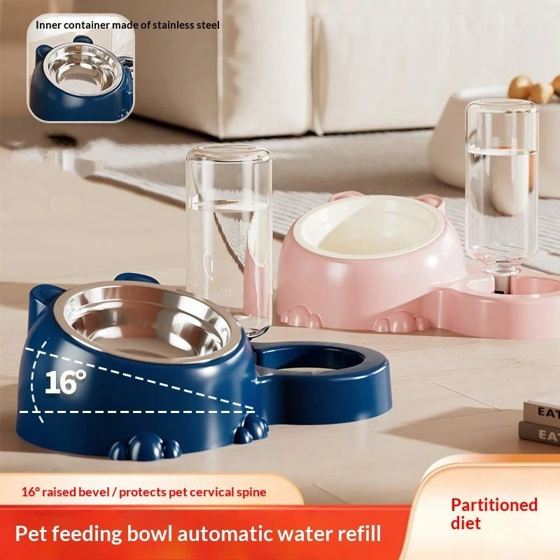 2 in 1 Pet Bowl Automatic Water Feeder, Tilt Elevated Dog Cat Food Water Bowl, Anti-Choke Slow Feeding Dish