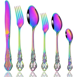 Drmfiy Vintage 6 pezzi Set di stoviglie arcobaleno posate in acciaio inossidabile coltello forchetta cucchiaino da caffè stoviglie Set di posate per feste in cucina