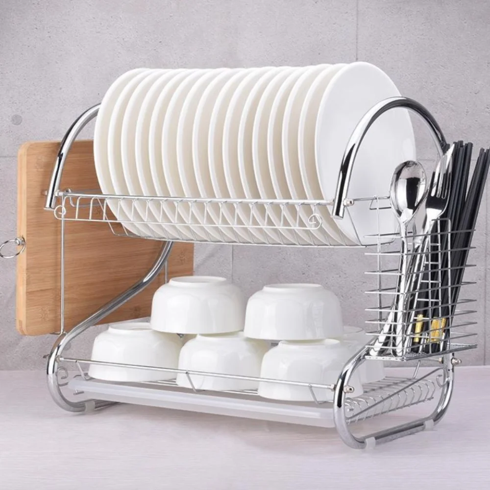 

Kitchen Cutlery Organizer 2 Tier S-Shaped Dish Drainer Stable Space-saving Tableware Holder Shelf Metal Cup Drainer Chopsticks