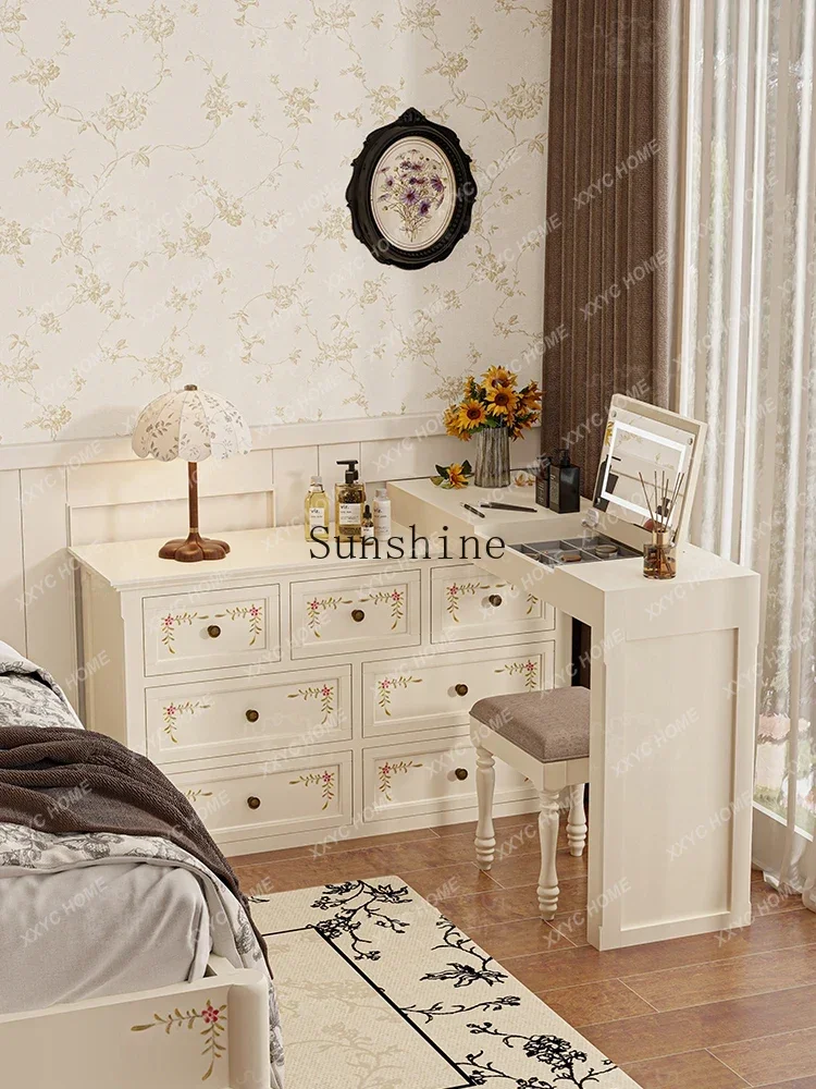 Retro cream dresser painted  light luxury storage cabinet integrated and semi-surrounded by the bedside  FT